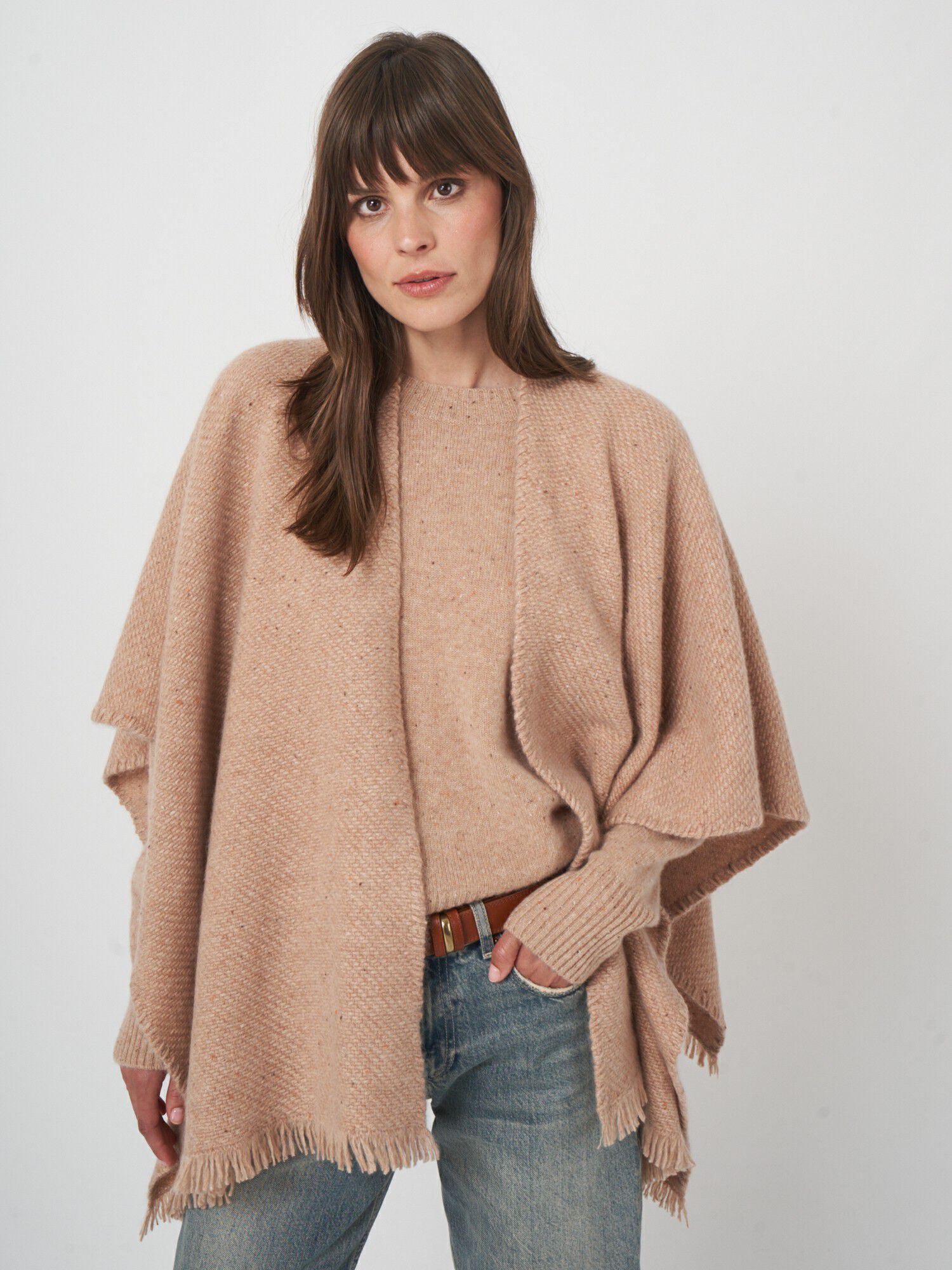 Tweed poncho van cashmere met franjes afbeelding