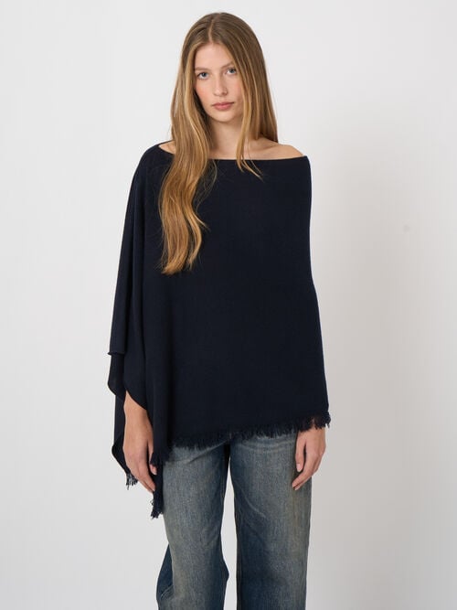 Fine-knit organic cashmere poncho with fringe