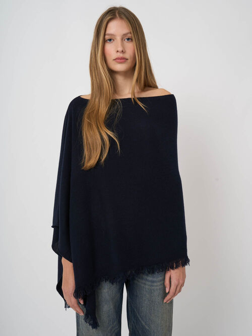 Fine-knit organic cashmere poncho with fringe