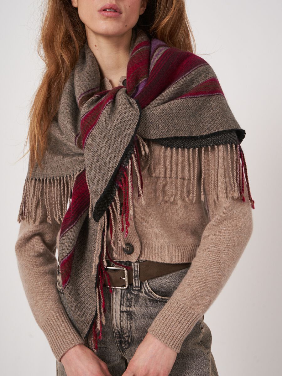 Vierkante cashmere sjaal met strepen en franjes image number 5