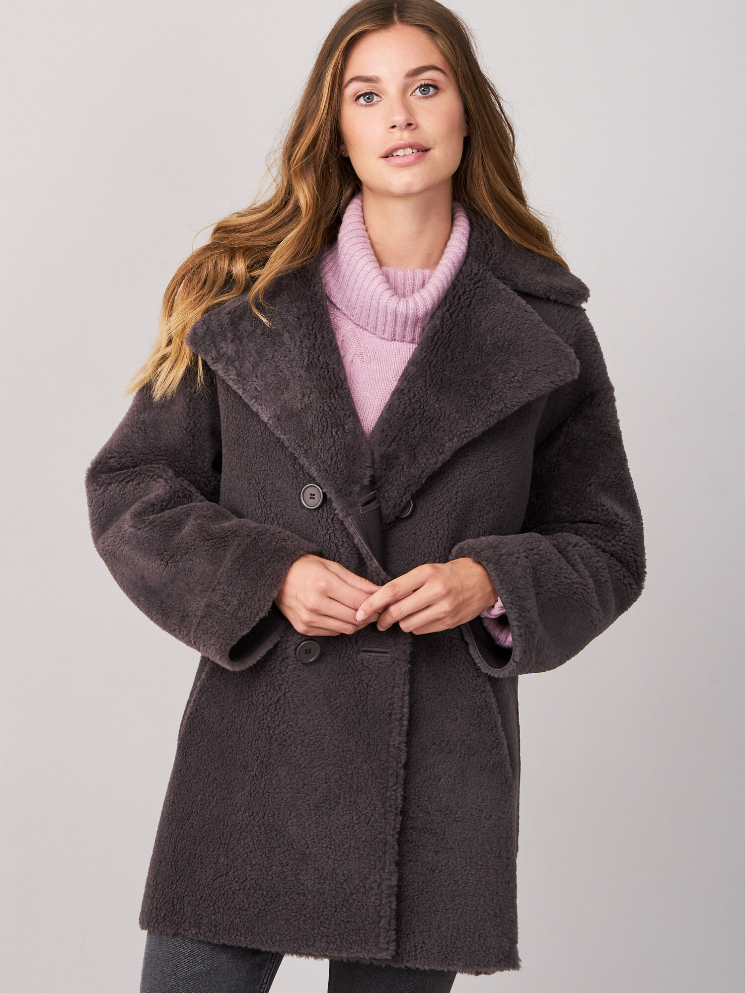 Reversible double-breasted shearling coat