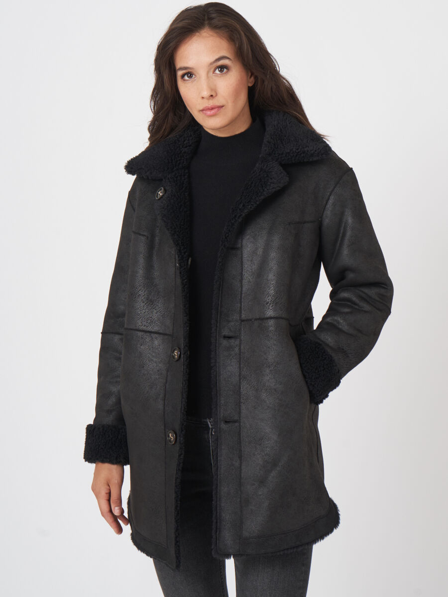 Mid length reversible faux shearling coat image number 4
