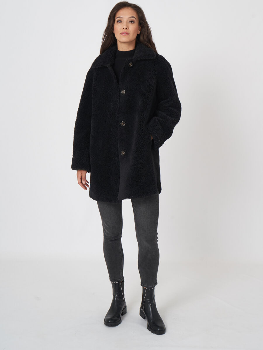 Mid length reversible faux shearling coat image number 5