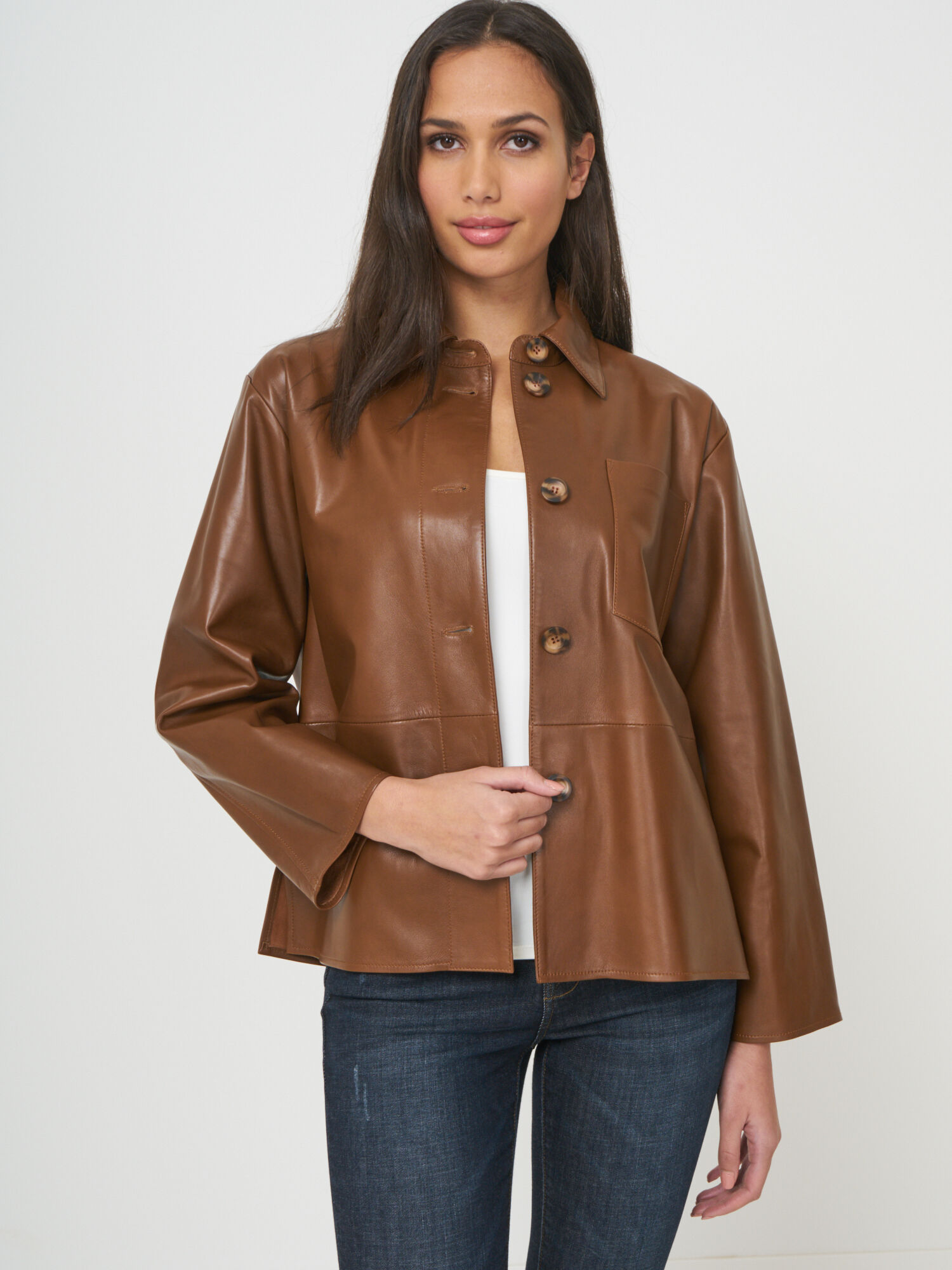 REPEAT cashmere Loose fit leather shirt jacket