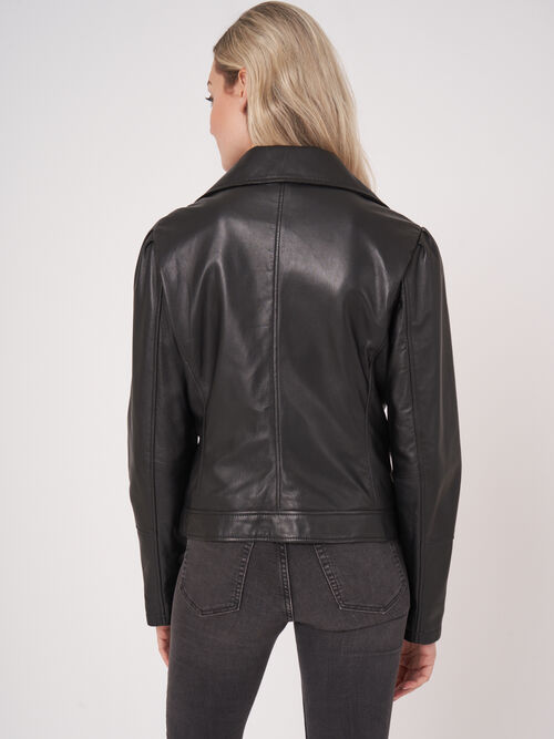 Leather biker jacket with puff shoulders
