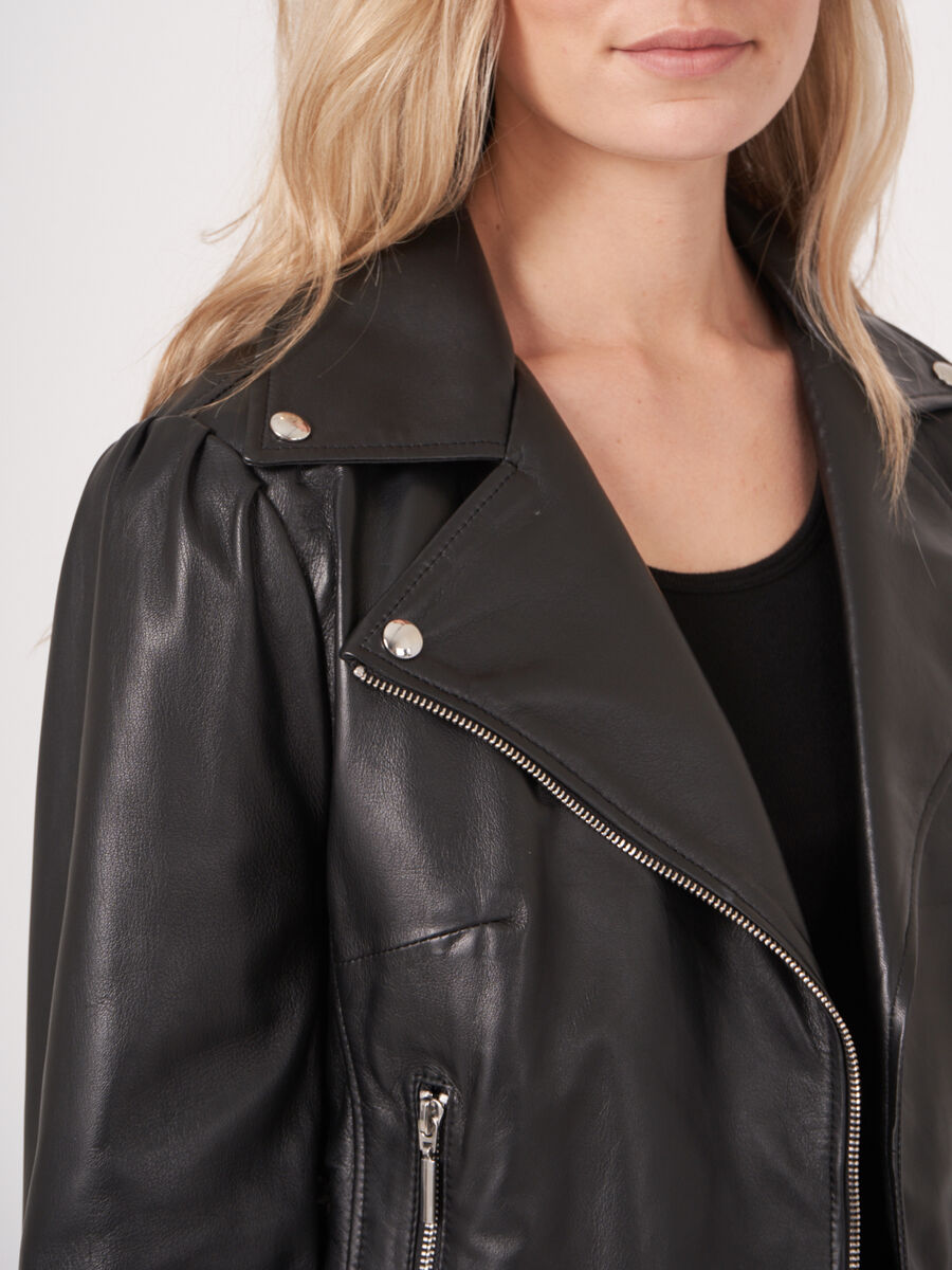 Leather biker jacket with puff shoulders image number 4