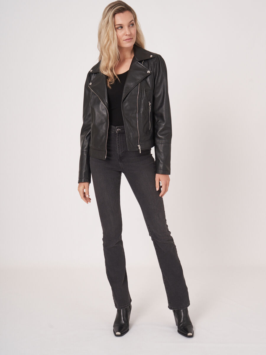 Leather biker jacket with puff shoulders image number 5