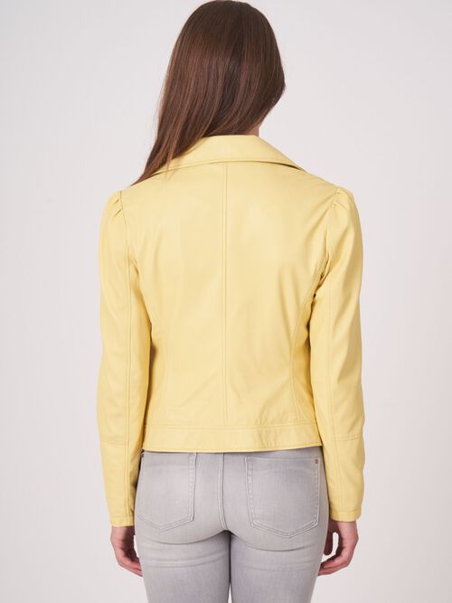 Leather biker jacket with puff shoulders