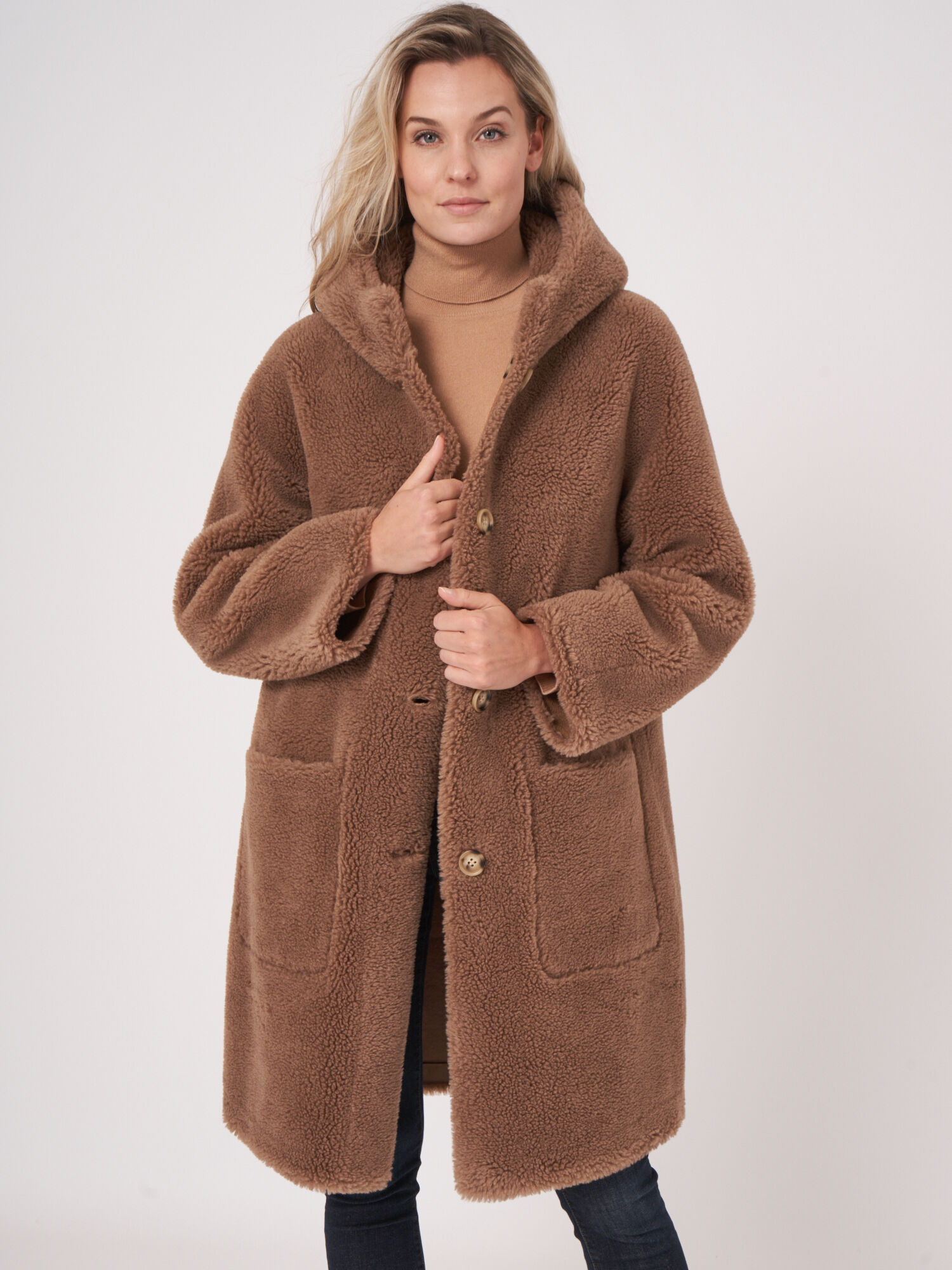 Long shearling coat with hot sale hood