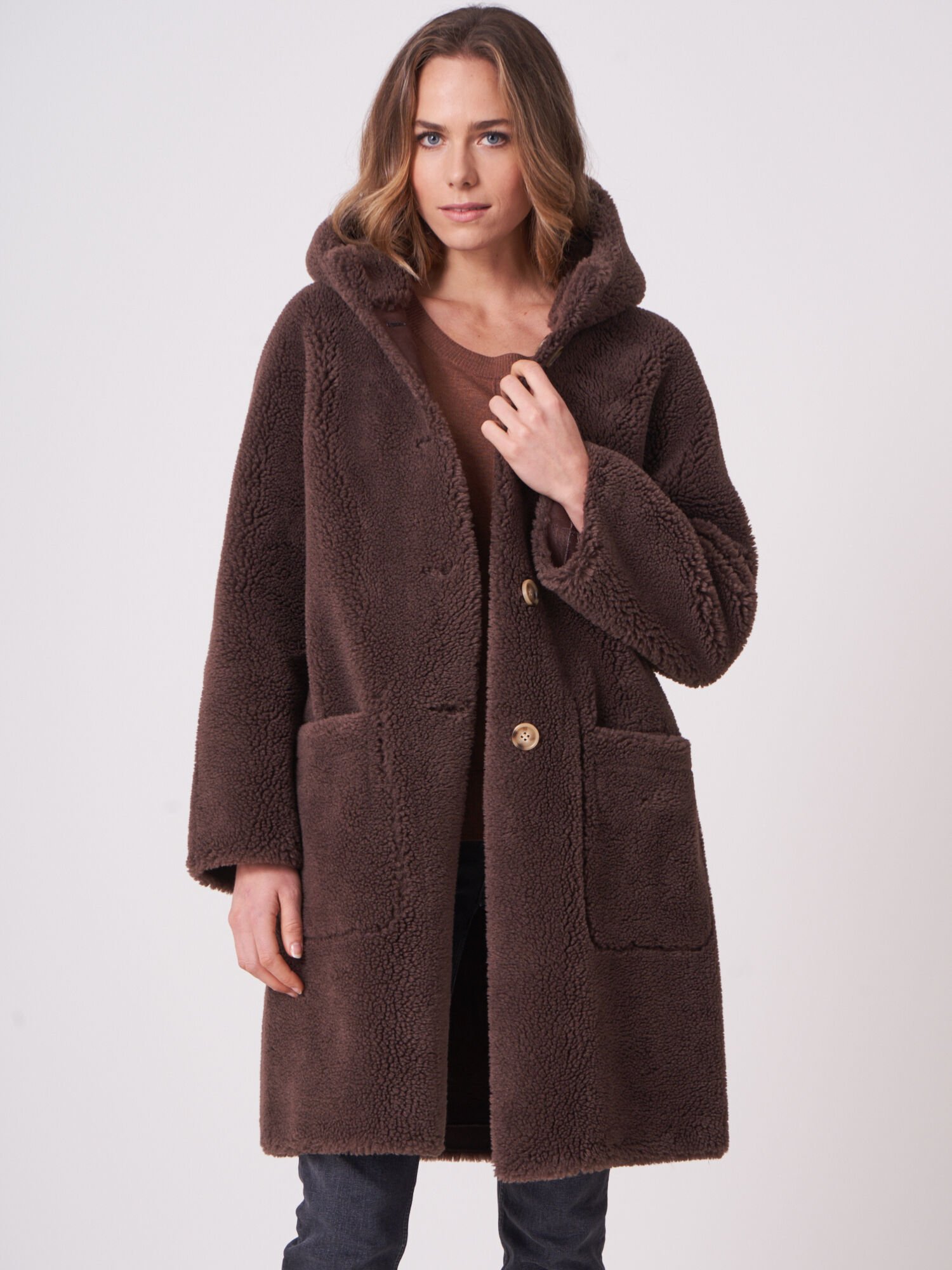 Reversible faux shearling coat with hood