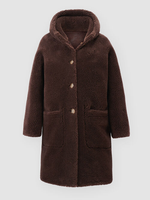 Manteau faux shearling long et réversible à capuche
