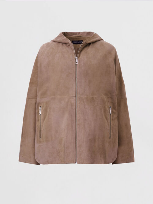 Suède jasje met capuchon en mouwen met split