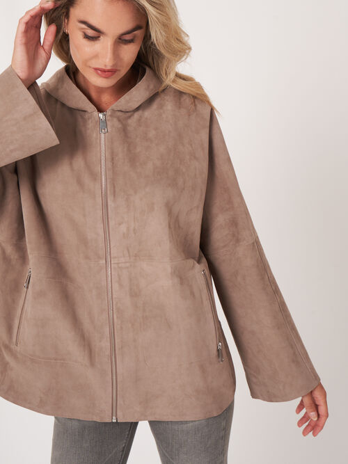 Suede jacket with hood and slit sleeves