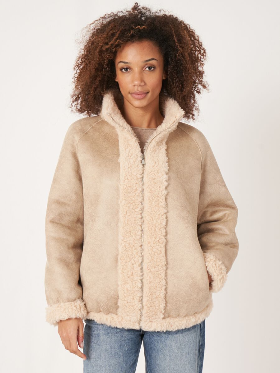 Omkeerbare jas van teddy wol met dubbele rits image number 8