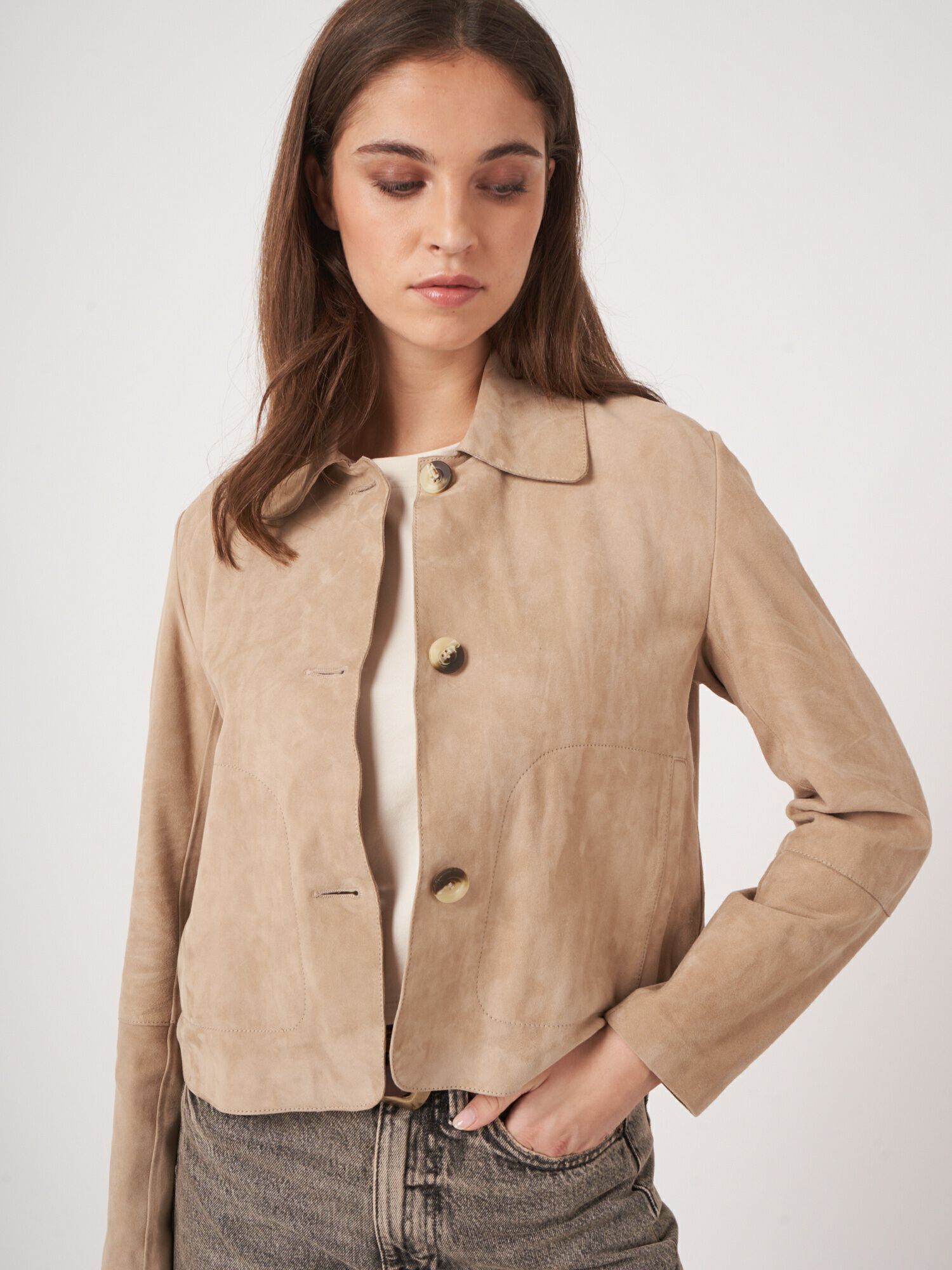 Women's Suede buttoned jacket with shirt collar | REPEAT