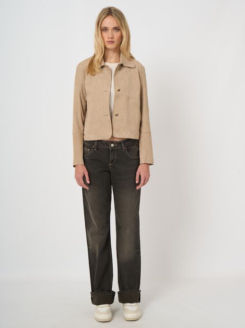 Veste boutonn&eacute;e en daim avec col de chemise