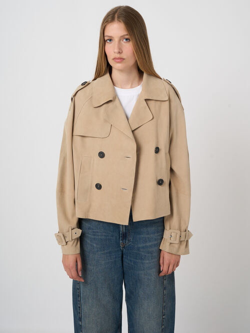 Cropped suede trench jacket