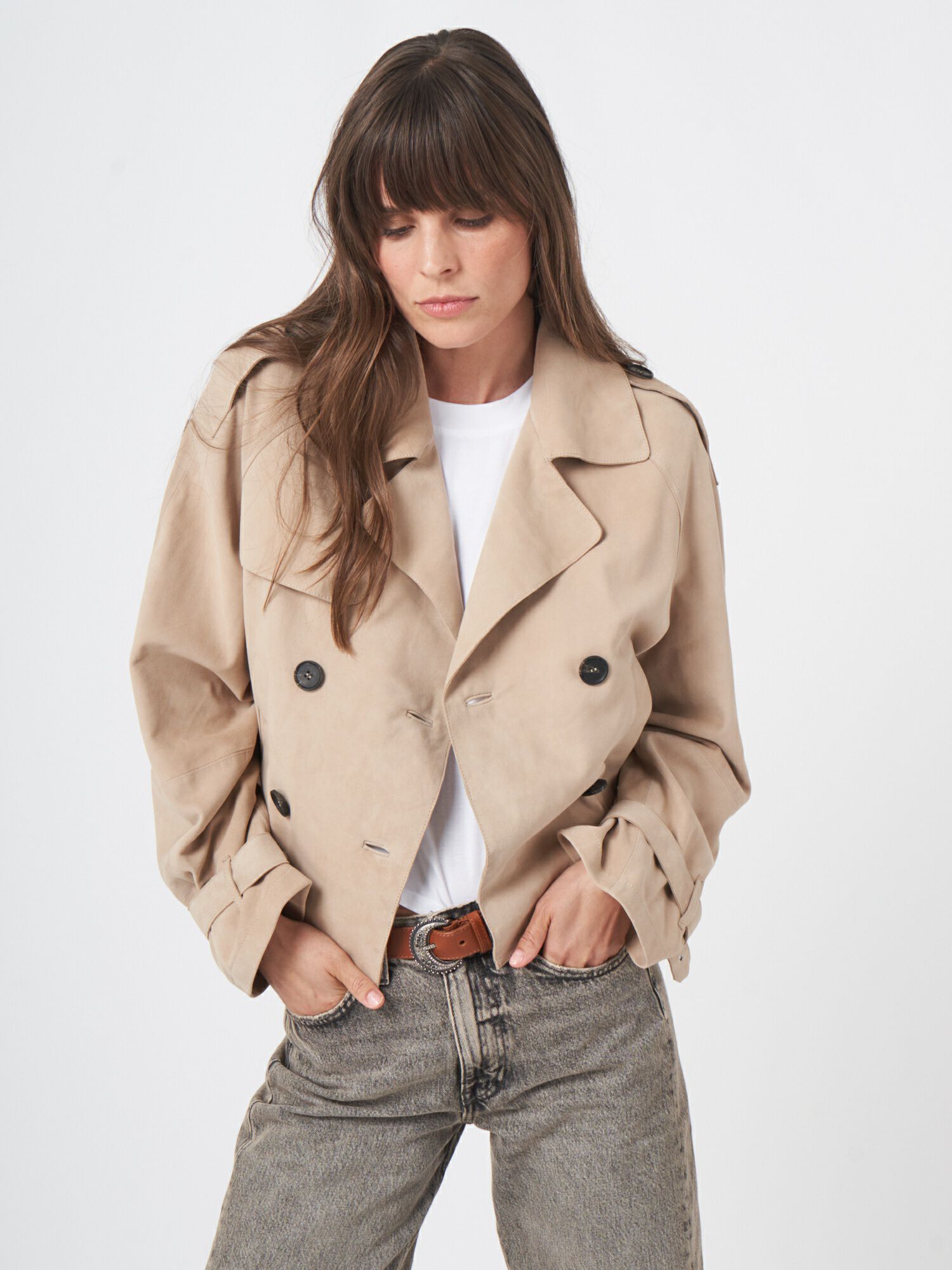Cropped suede trench jacket