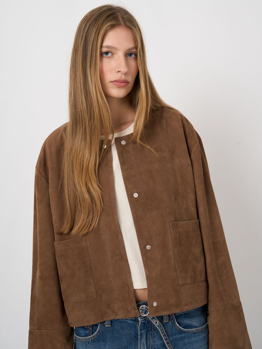 Women&rsquo;s suede goat leather jacket with round collar image number 0