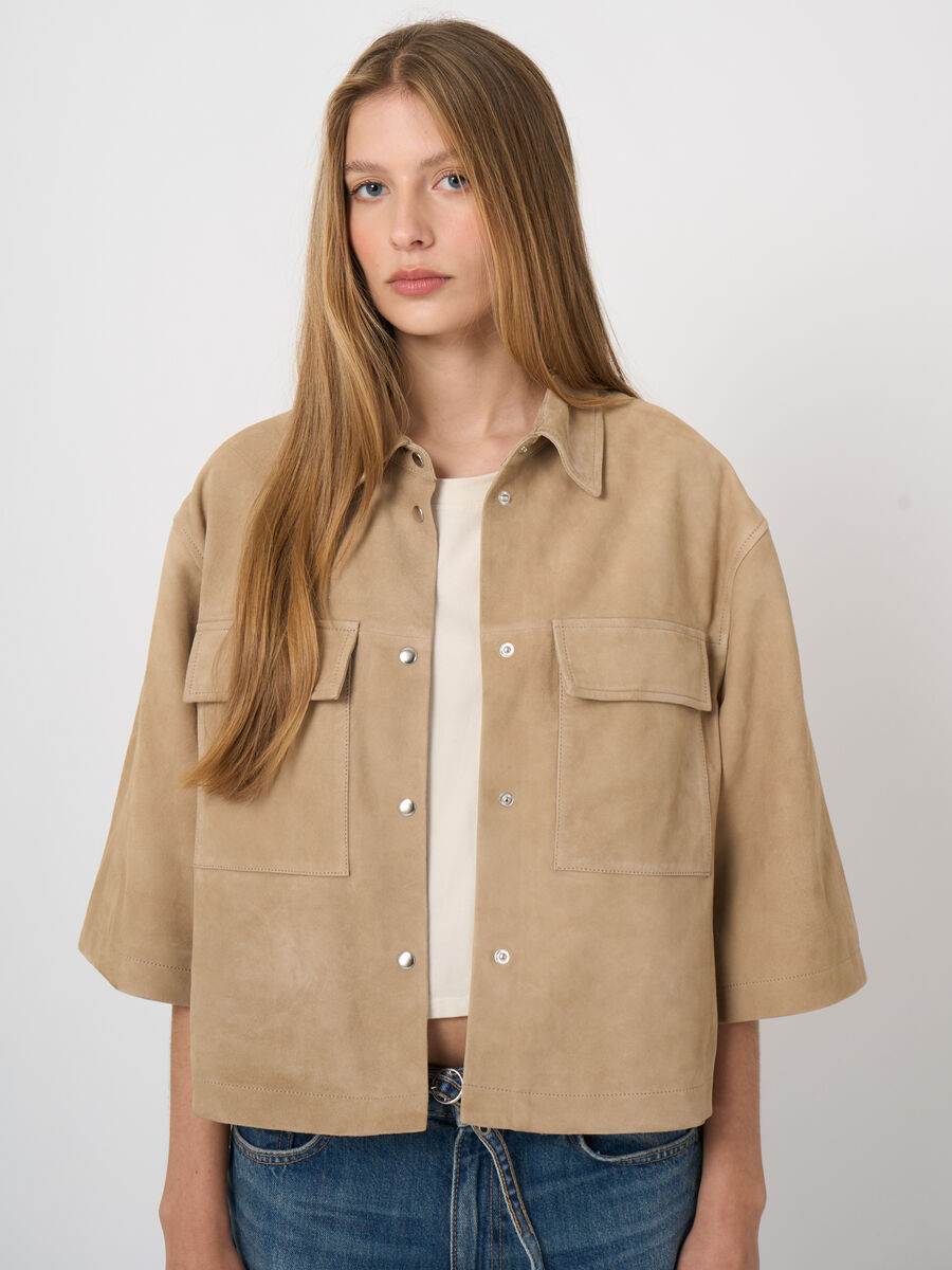 Women&rsquo;s suede shirt jacket with chest pockets image number 1
