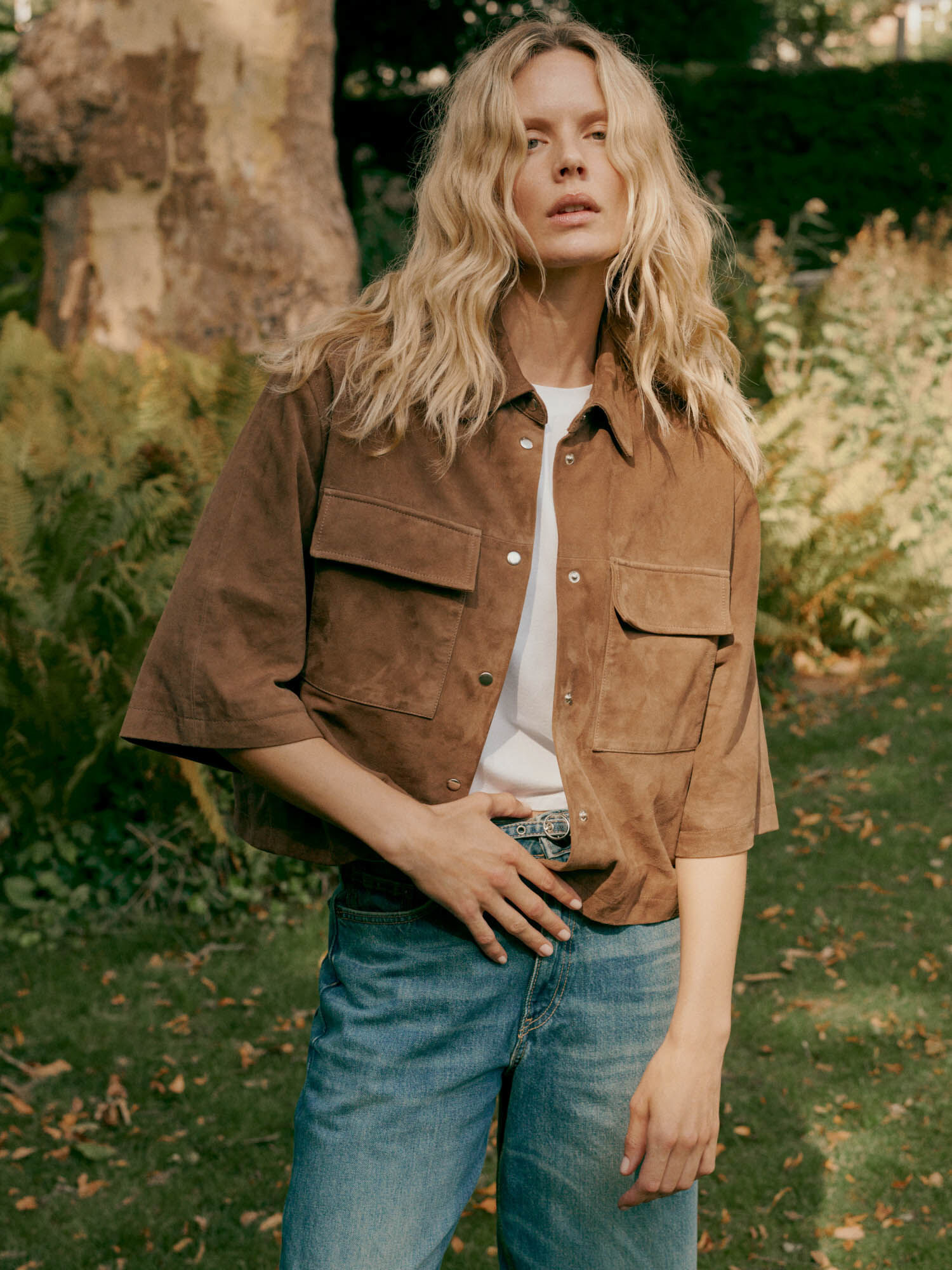 Women's suede shirt jacket with chest pockets