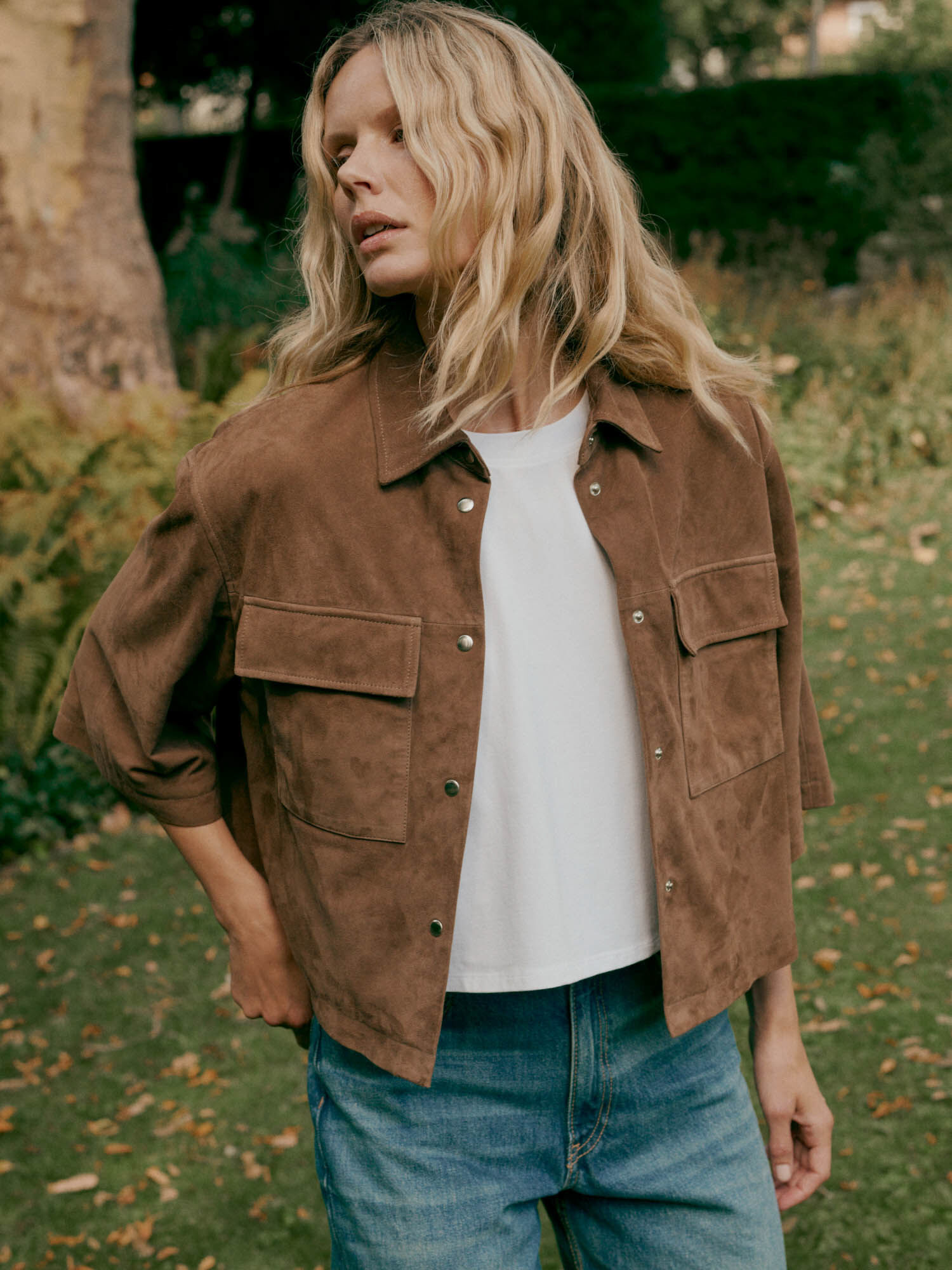 Women's suede shirt jacket with chest pockets