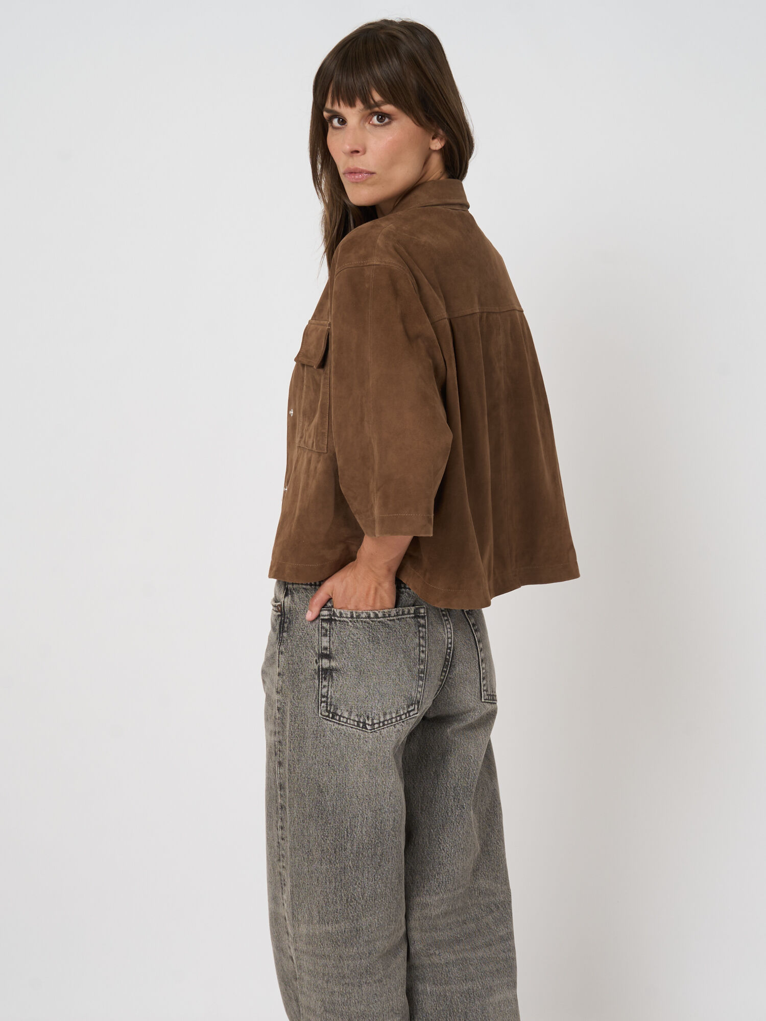 Women's suede shirt jacket with chest pockets