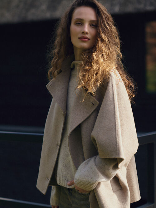 Wool-Blend Poncho Jacket with Lapel Collar