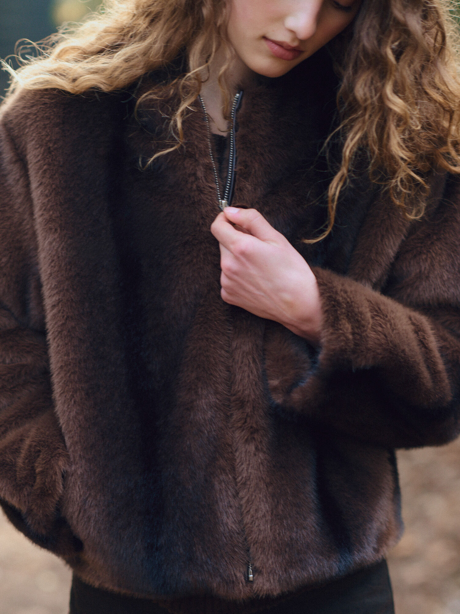 Zacht faux-fur jack met ronde hals
