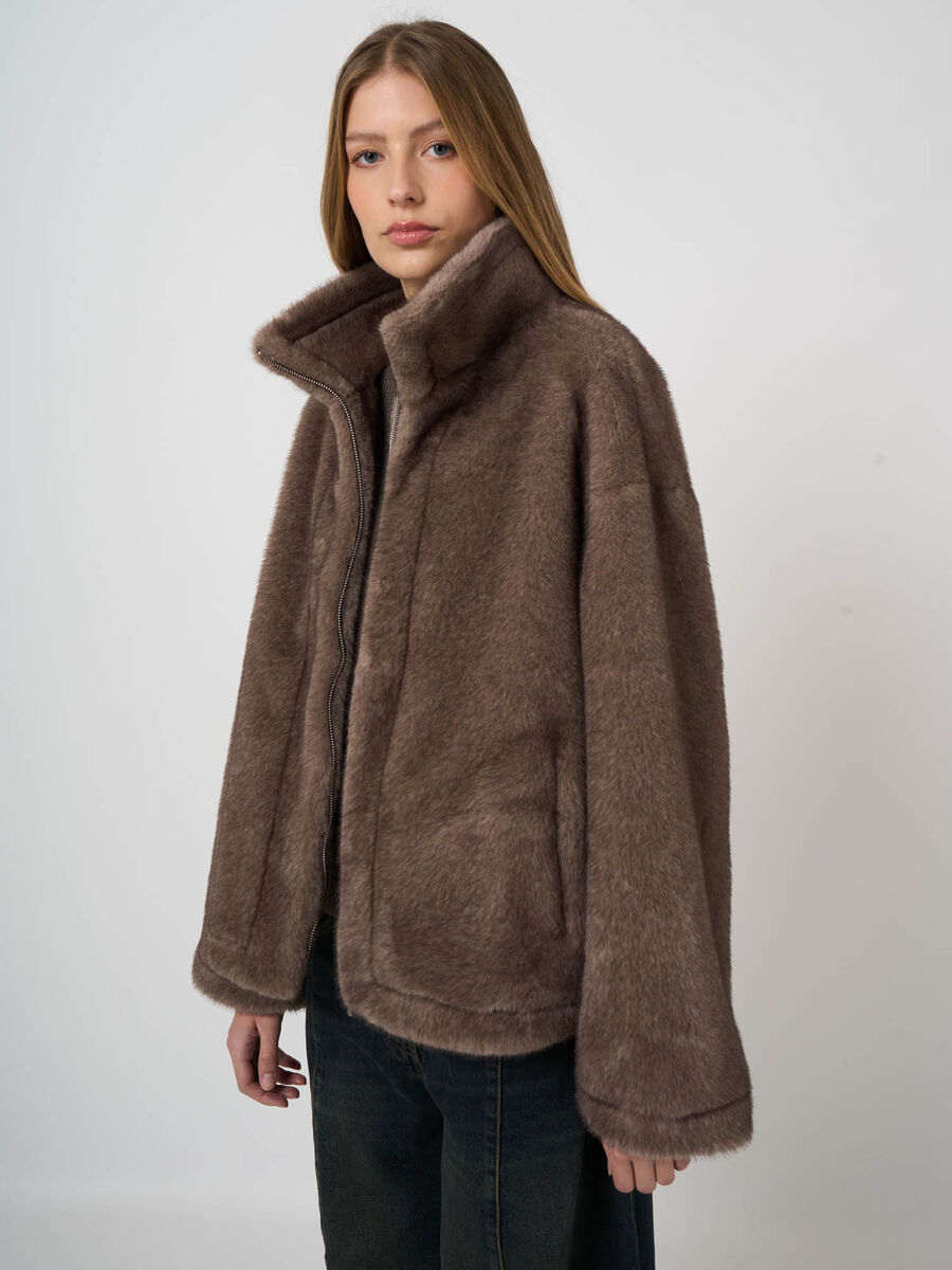 Reversible Faux-Mink Jacket with Wide Stand Collar image number 5