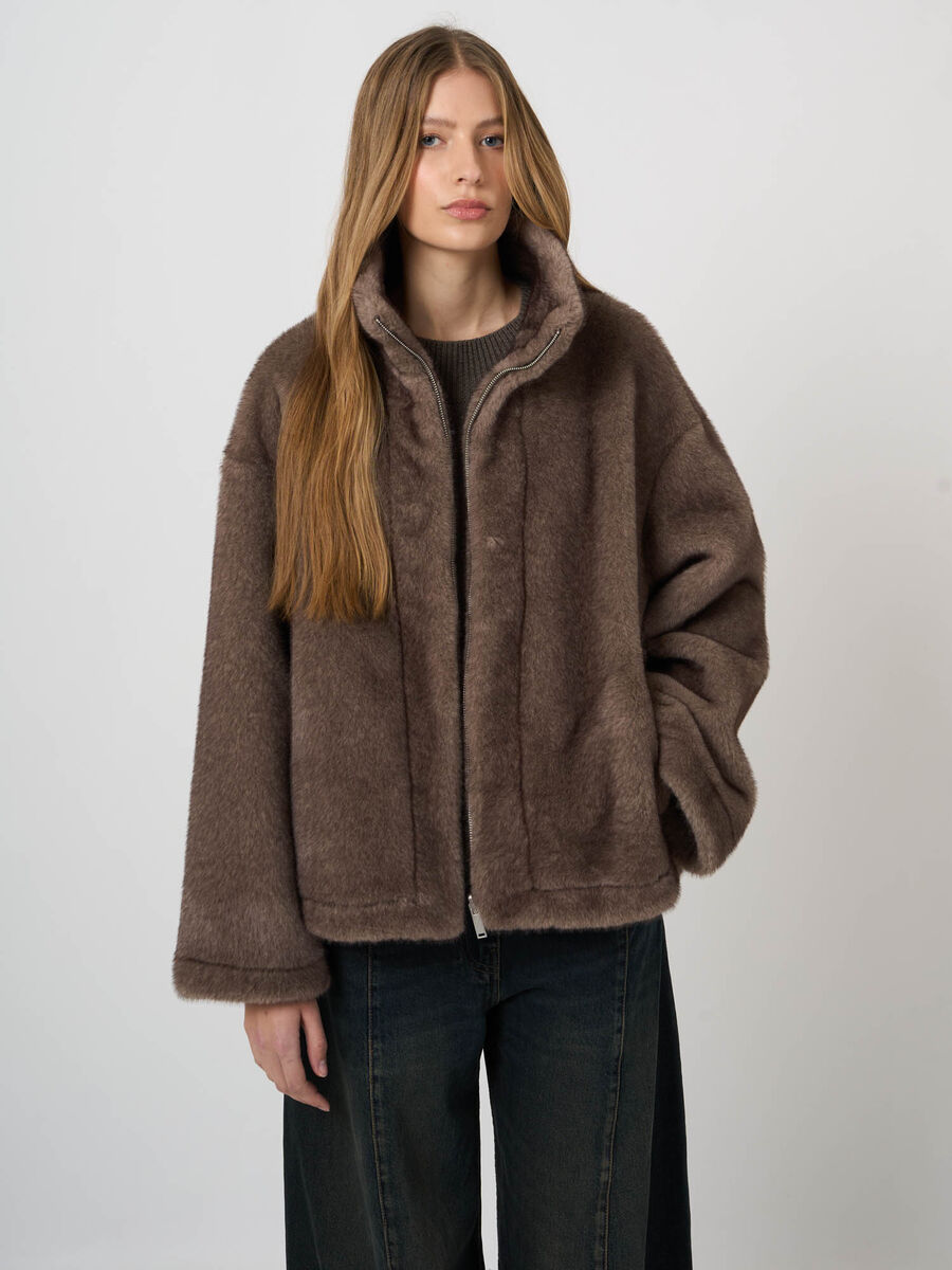 Reversible Faux-Mink Jacket with Wide Stand Collar image number 6