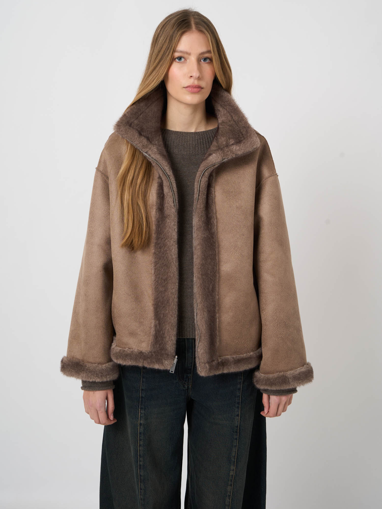 Reversible Faux-Mink Jacket with Wide Stand Collar | REPEAT cashmere