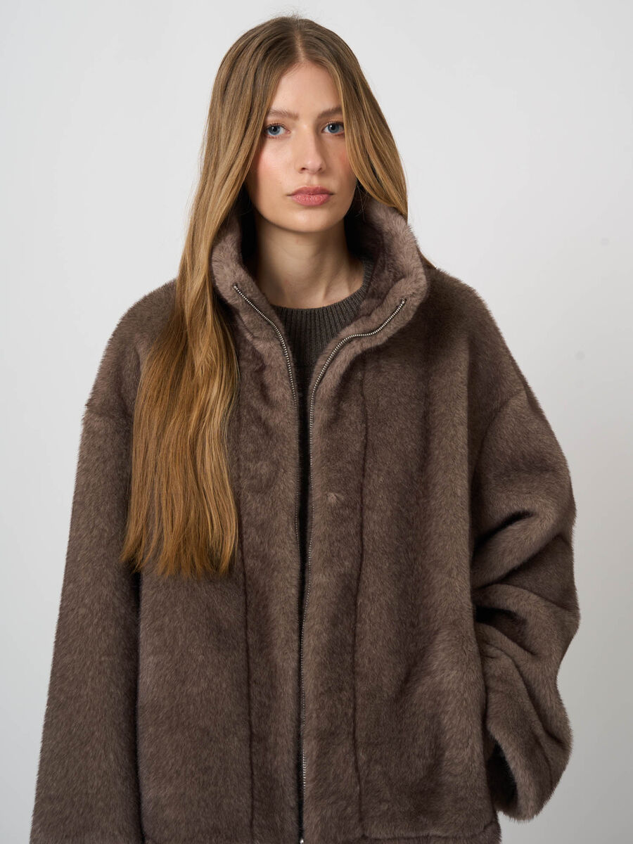 Reversible Faux-Mink Jacket with Wide Stand Collar image number 8