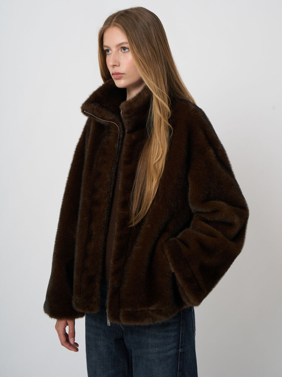 Reversible Faux-Mink Jacket with Wide Stand Collar image number 0