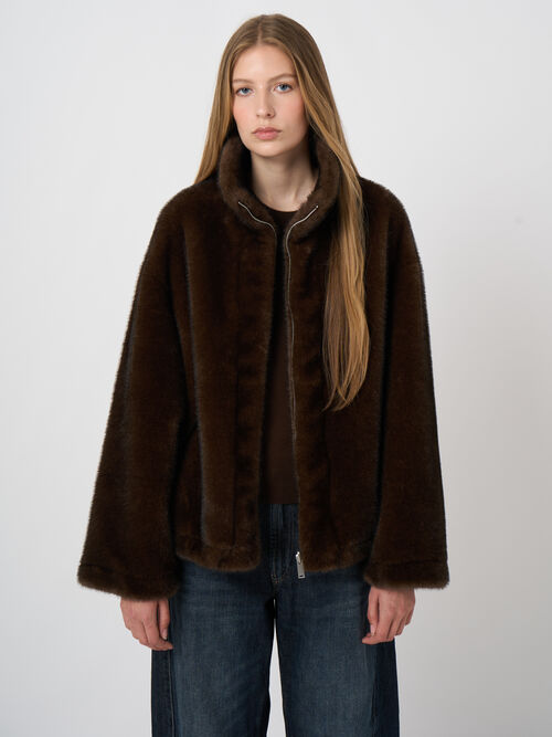 Reversible Faux-Mink Jacket with Wide Stand Collar