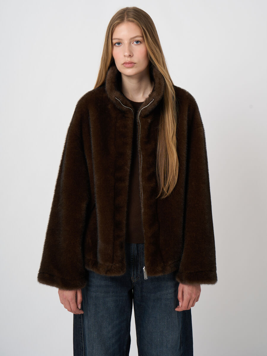 Reversible Faux-Mink Jacket with Wide Stand Collar image number 1