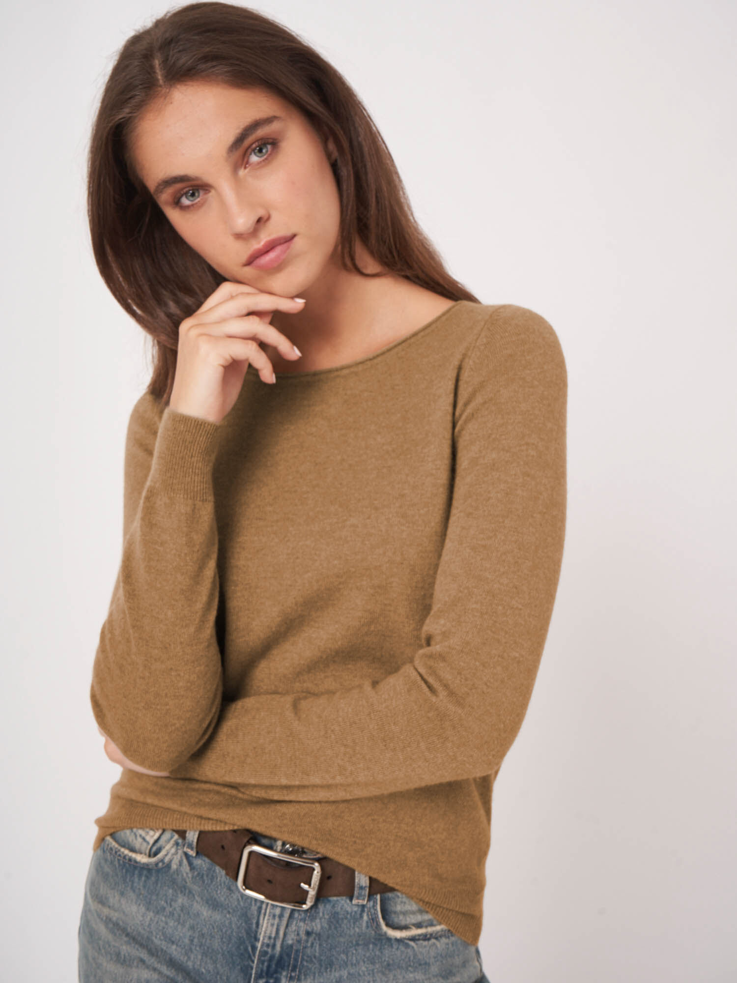 Basic trui met boothals van cashmere wolmix