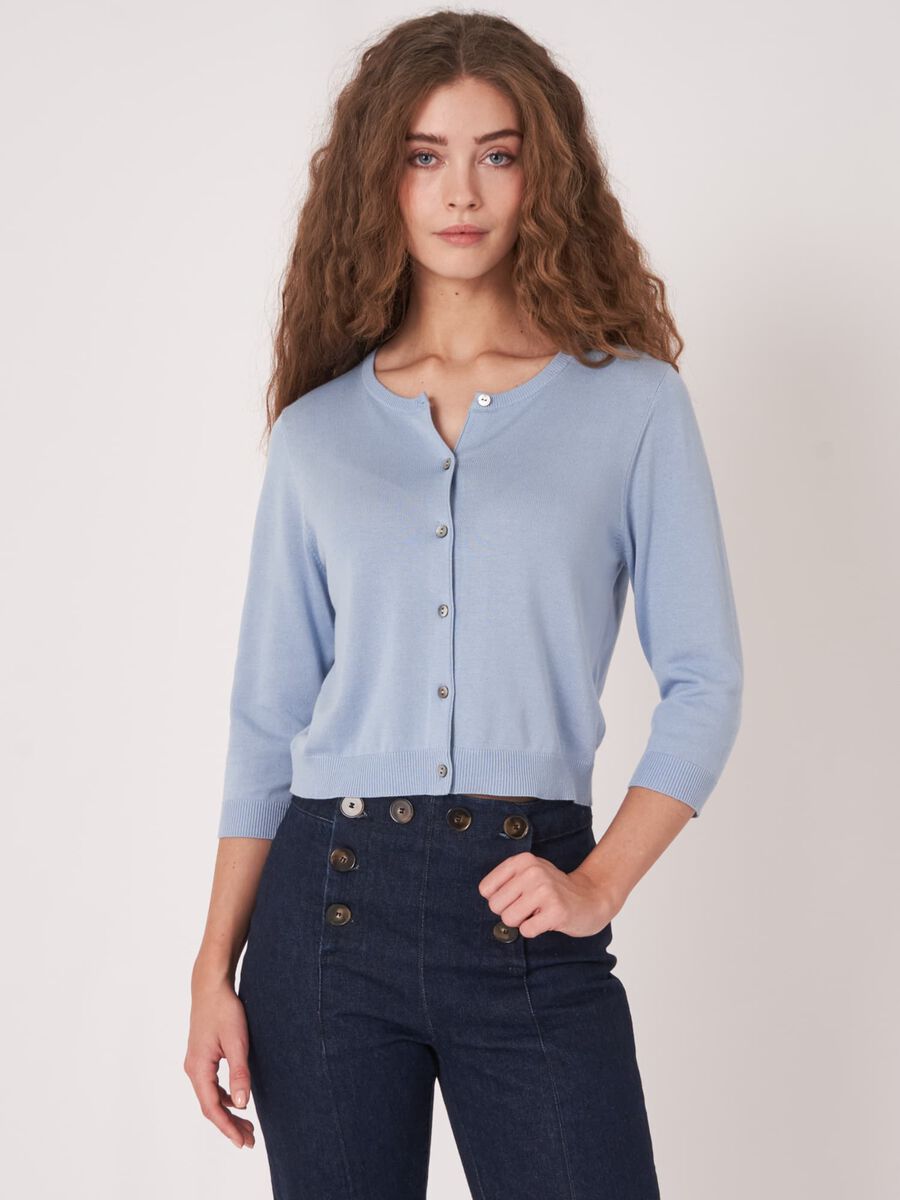 Cardigan court &agrave; col ras du cou en coton m&eacute;lange image number 0