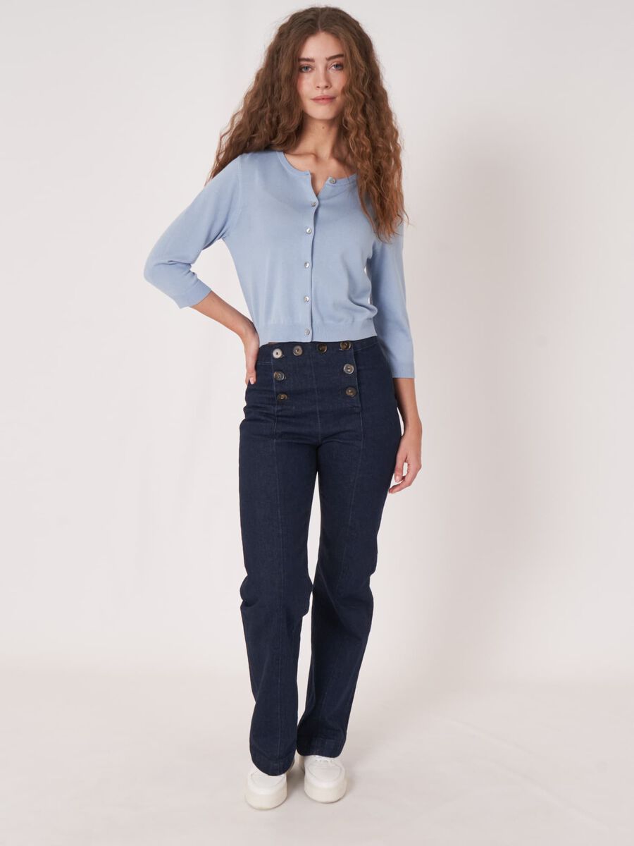 Cardigan court &agrave; col ras du cou en coton m&eacute;lange image number 4