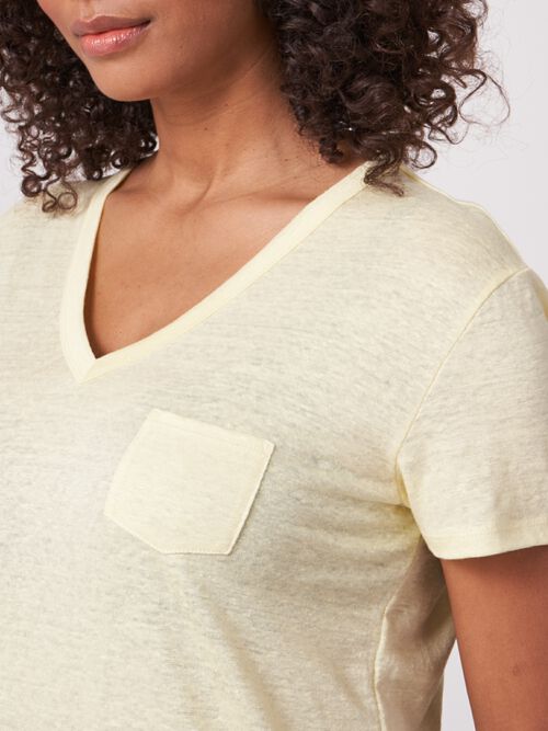 Basic pure linen V-neck T-shirt with chest pocket