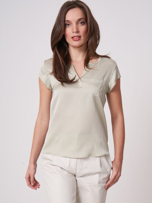 Short-sleeved silk top with pocket
