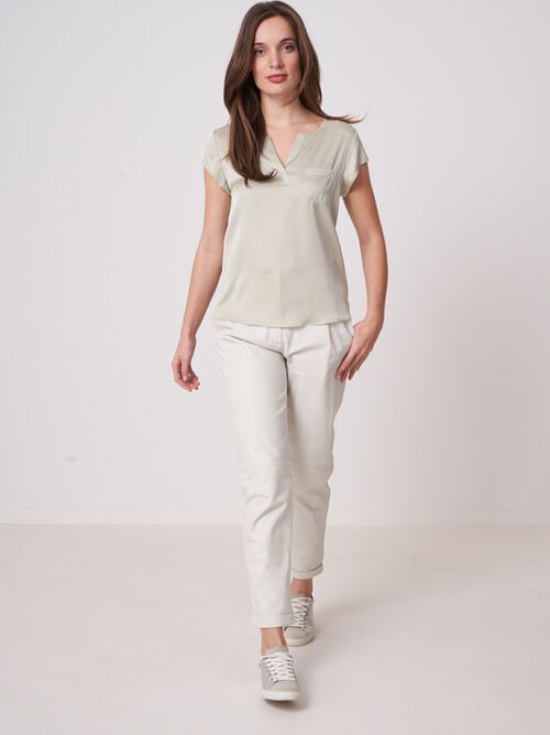 Short-sleeved silk top with pocket
