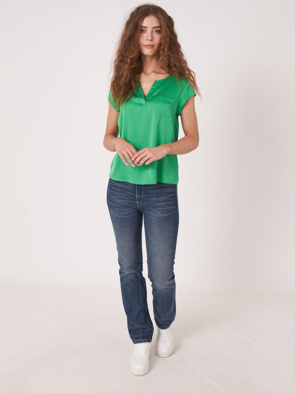 Short-sleeved silk top with pocket image number 1