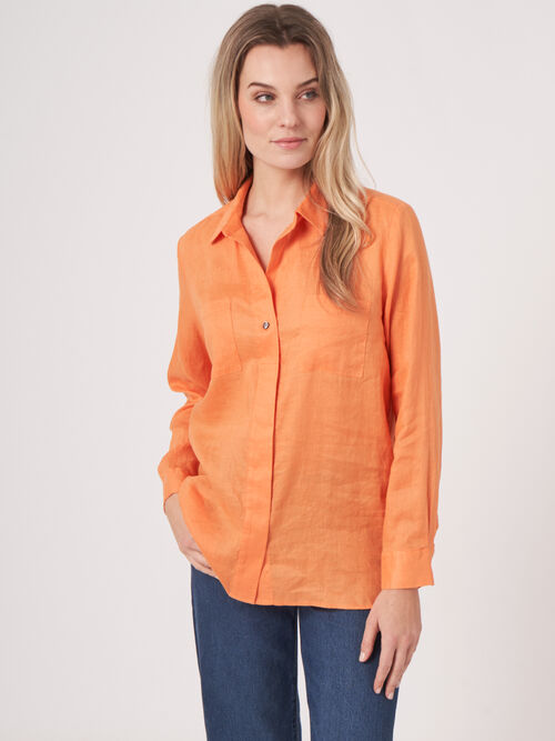 Basic pure linen blouse with breast pockets