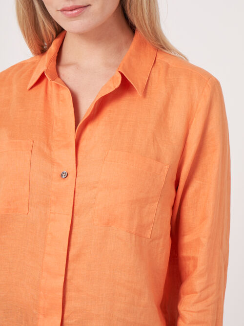 Basic pure linen blouse with breast pockets