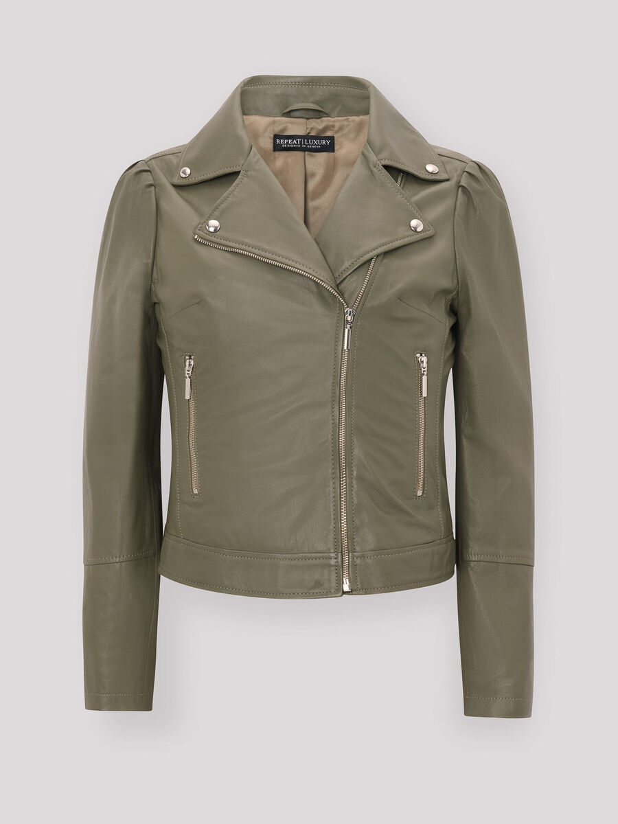 Leather biker jacket with puff shoulders image number 0