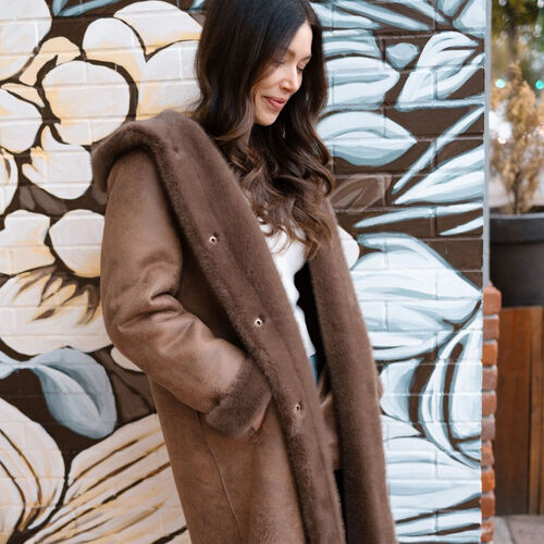 Reversible faux fur coat with hood